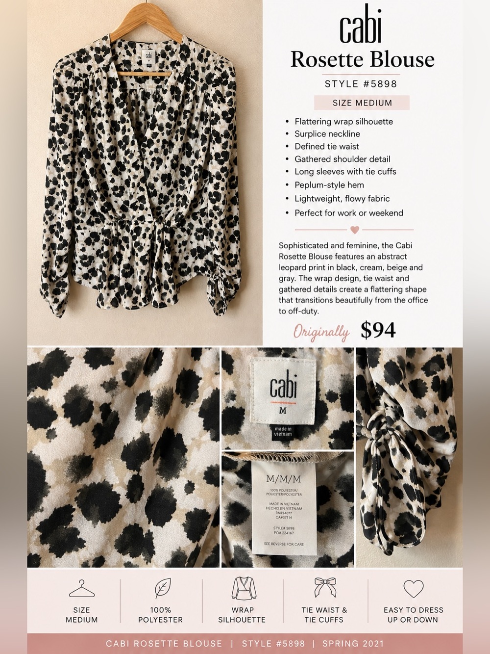 Cabi Rosette Blouse #5898 Animal Print Wrap Top Medium
